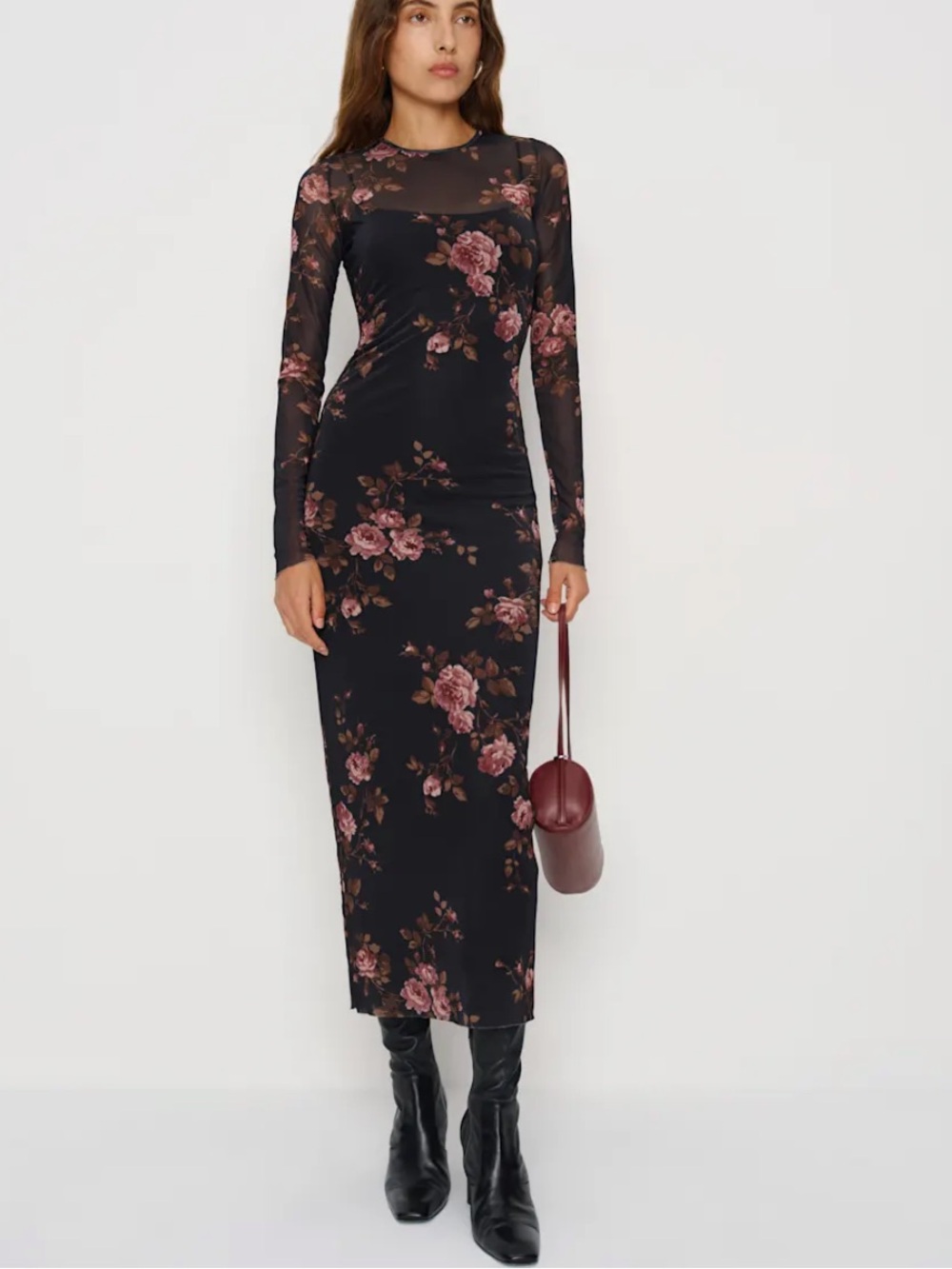 Reformation Black Floral Mesh Long-Sleeve Midi Dress with Rose Print